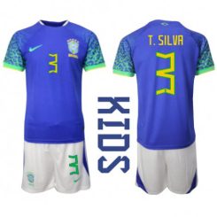 Kids Brazilië Thiago Silva #3 Uit tenue WK 2022 Korte Mouw (+ Korte broeken)