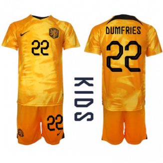 Kids Nederland Denzel Dumfries #22 Thuis tenue WK 2022 Korte Mouw (+ Korte broeken)