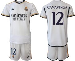 Real Madrid Eduardo Camavinga #12 Thuis tenue Mensen 2023-24 Korte Mouw (+ Korte broeken)