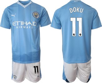 Manchester City Jeremy Doku #11 Thuisshirt 2023-2024 Voetbalshirts Korte Mouw (+ Korte broeken)