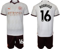 Manchester City Rodrigo #16 Uitshirt 2023-2024 Voetbalshirts Korte Mouw (+ Korte broeken)