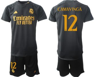 Real Madrid Eduardo Camavinga #12 Derde Shirt 2023-24 Mensen Korte Mouw (+ Korte broeken) Voetbalshirts