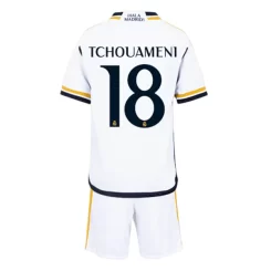 Kids Real Madrid Aurelien Tchouameni #18 Thuisshirt 2023-2024 Voetbalshirts Korte Mouw (+ Korte broeken)