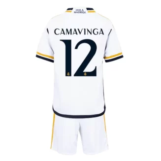 Kids Real Madrid Eduardo Camavinga #12 Thuisshirt 2023-2024 Voetbalshirts Korte Mouw (+ Korte broeken)